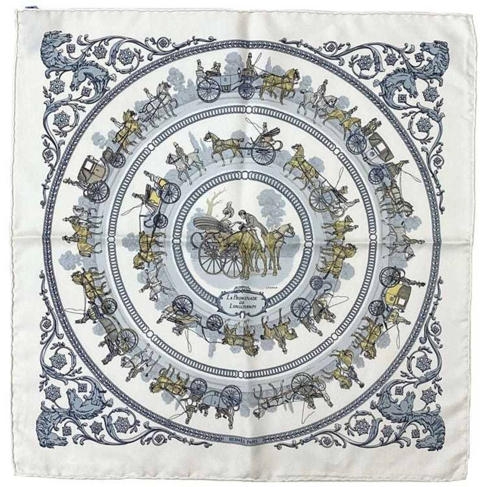 Hermes Petit Carre White Silk Scarf Women's Horse Carriage Design: Hermes Petit Carre White Silk Scarf Women's Horse Carriage Design Elevate your accessory collection with this exquisite Hermes scarf, featuring the iconic Petit Carre design. Crafted from 100% silk, t