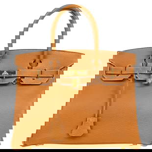 Hermes Birkin 30 Gold Ardennes Leather Handbag with Turn Lock: Hermes Birkin 30 Gold Ardennes Leather Handbag with Turn Lock This exquisite Hermes Birkin 30 handbag is crafted from luxurious Ardennes leather in a stunning gold color. The bag features a turn-lock