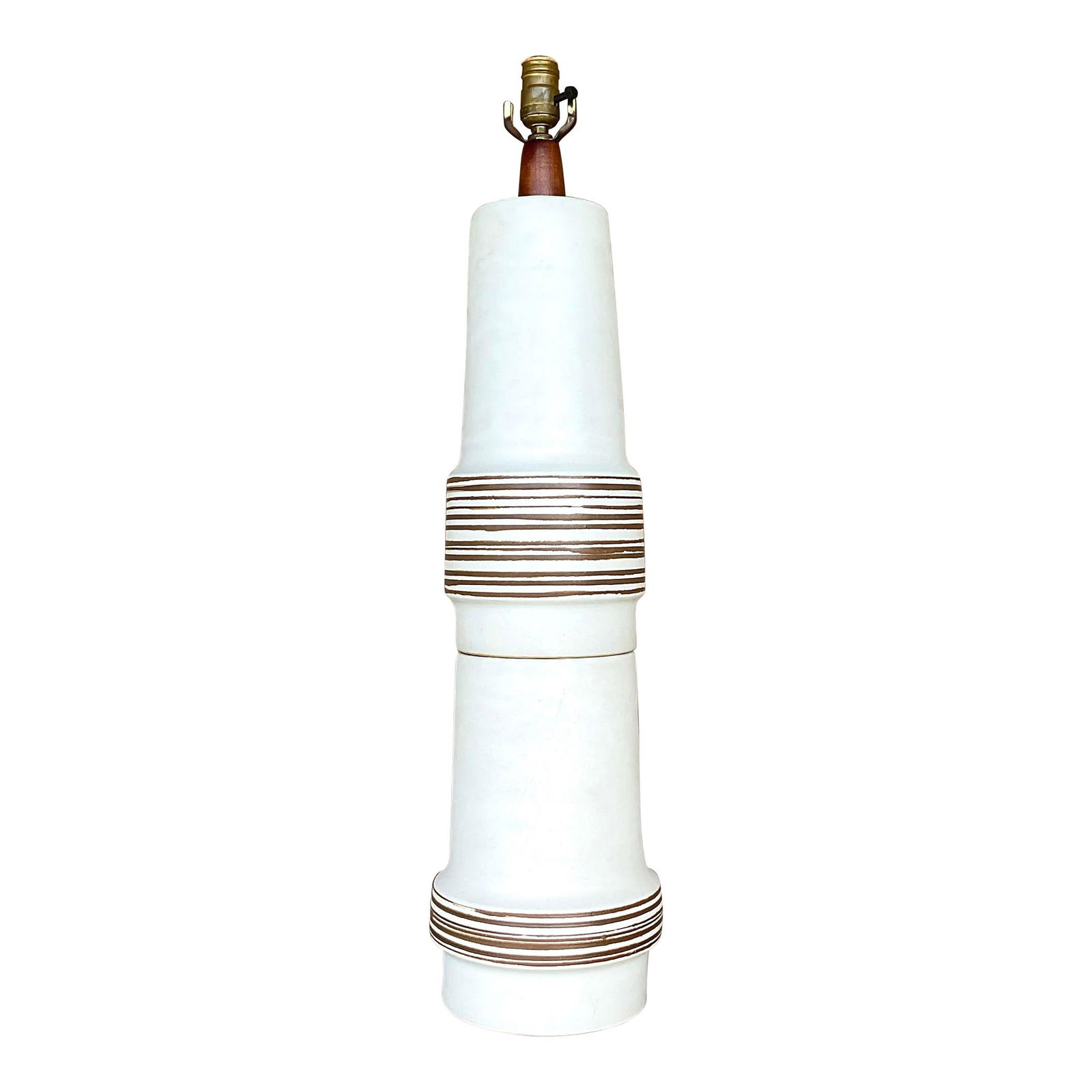 Vintage Midcentury Stacked Ceramic Table Lamp: Vintage Midcentury Stacked Ceramic Table Lamp Fantastic vintage MCM table lamp. Made by the iconic Gordon and Jane Martz. A chic stacked ceramic body with a matte finish and hand painted center stripe
