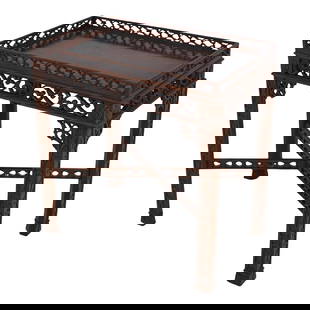 Maitland Smith Chippendale Tea Table with Leather Top 27 x 18 x 28.5: Maitland Smith Chippendale Tea Table with Leather Top 27 x 18 x 28.5 Discover the elegance of this Maitland Smith Chippendale-style tea table, showcasing a stunning tooled leather top and a beautifull
