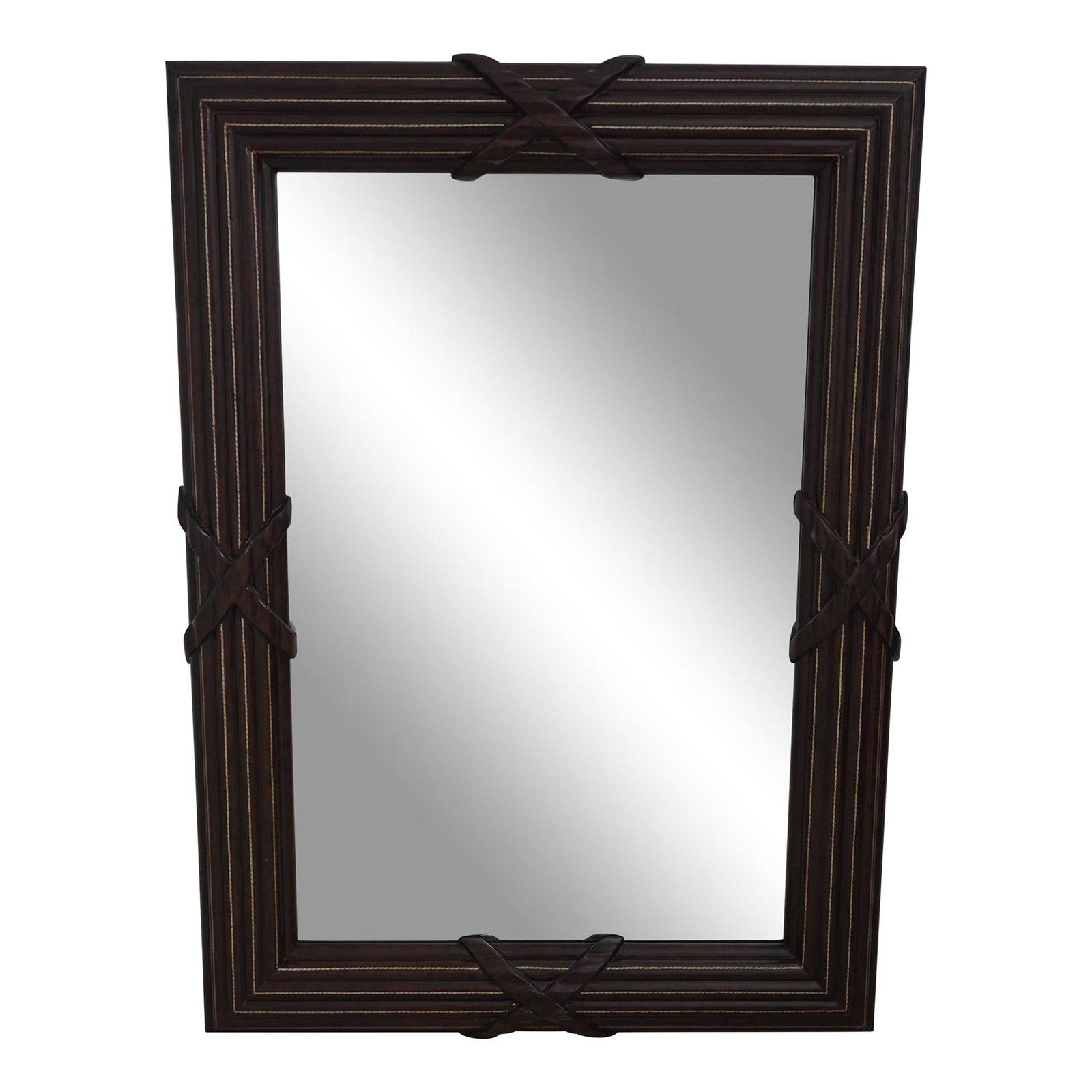 Maitland Smith Leather Wrapped Mirror 34 x 48 Beveled Glass Brown: Maitland Smith Leather Wrapped Mirror 34 x 48 Beveled Glass Brown Enhance your interior with this exquisite Maitland Smith Leather Wrapped Rectangular Mirror. Crafted approximately 15 years ago, this 