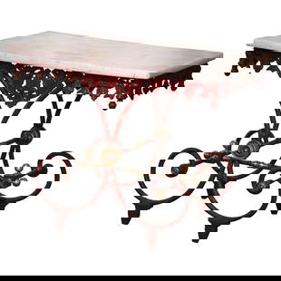 18th Century French Pastry Table Red Iron Marble Top Bronze Accents: 18th Century French Pastry Table Red Iron Marble Top Bronze Accents This exquisite 18th Century French pastry table, also known as a "Table de Boucher," features a stunning red painted wrought iron fr