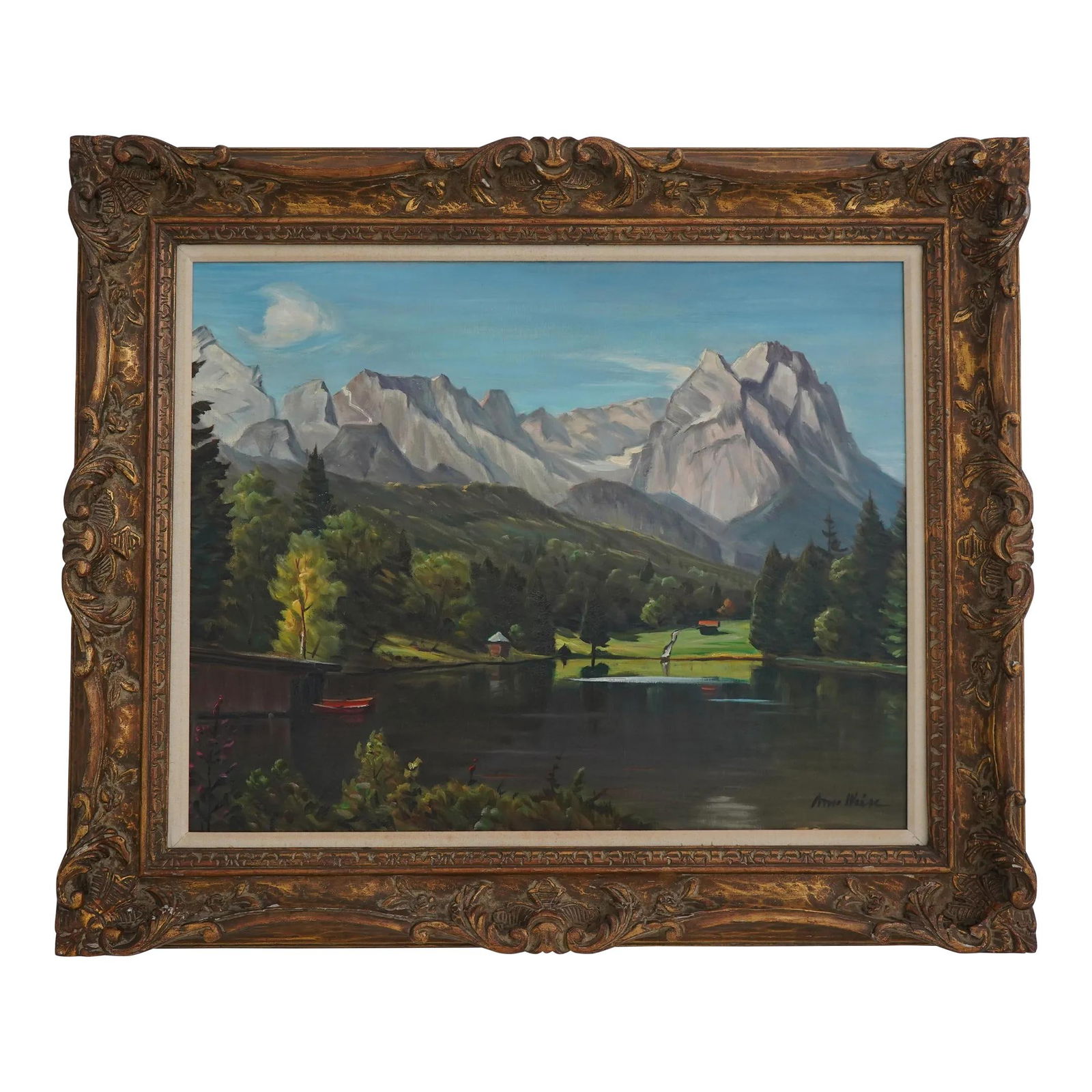 Anso Weiss Signed Framed Oil Painting Lake Mountain Scene 38.5x33: Anso Weiss Signed Framed Oil Painting Lake Mountain Scene 38.5x33 This exquisite oil painting by Anso Weiss captures a serene lake and mountain scene, showcasing vibrant colors and intricate details.