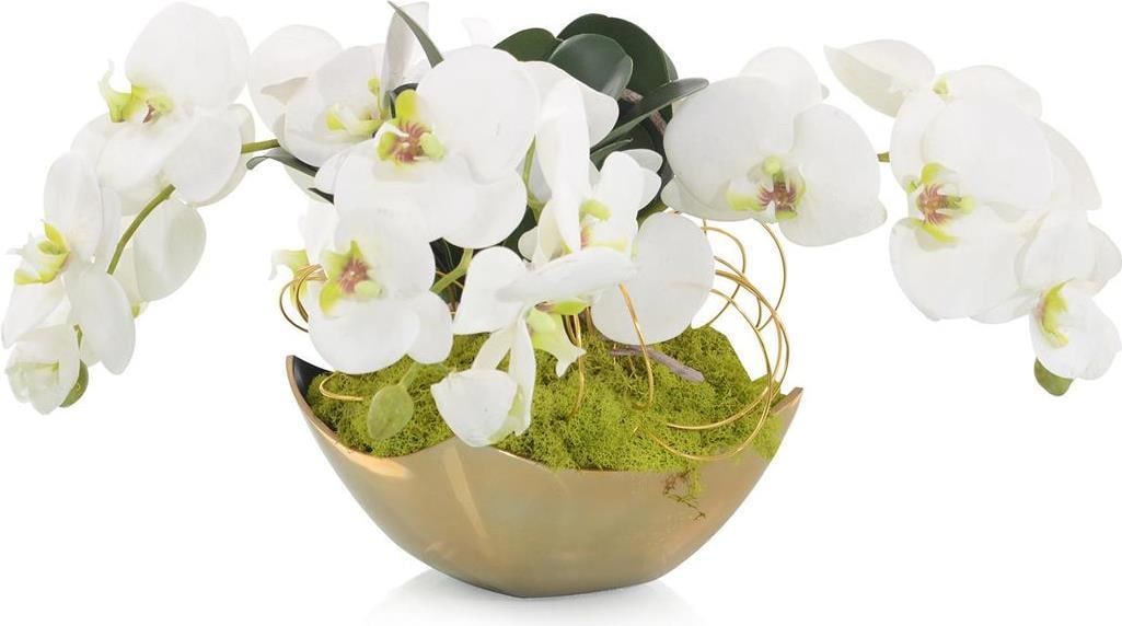 John-Richard White Phalaenopsis Orchids in Gold Metal Vase: John-Richard White Phalaenopsis Orchids in Gold Metal Vase This stunning arrangement features elegant white Phalaenopsis orchids artistically displayed in a gold metal vase, perfect for enhancing any