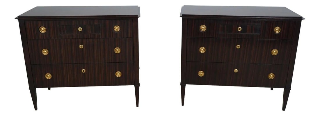 Pair of Councill Modern Walnut Chests with Brass Hardware: Pair of Councill Modern Walnut Chests with Brass Hardware This Pair of Councill Modern Design Exotic Walnut Chests showcases a modern design with dovetailed drawer construction and high-quality crafts