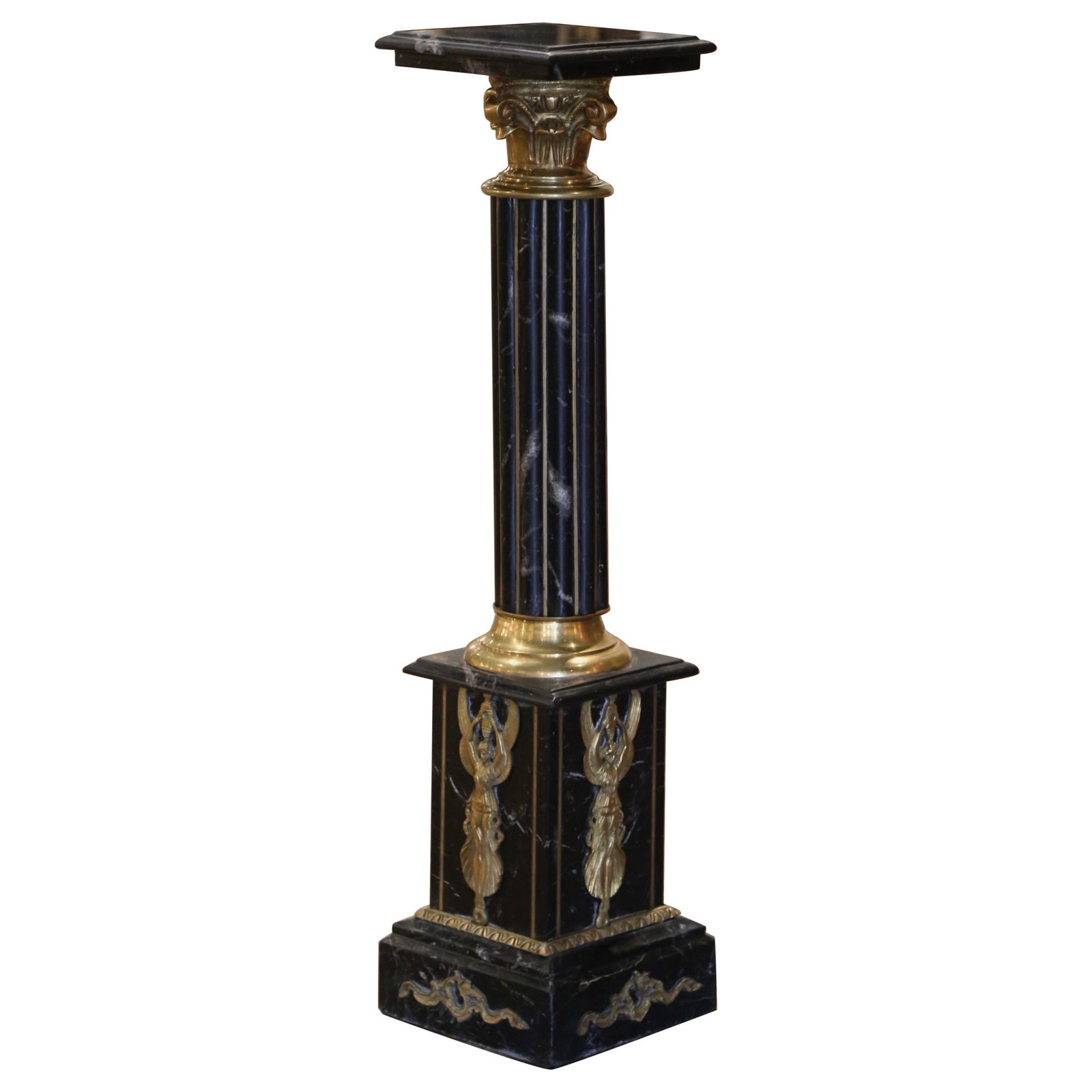 19th Century Napoleon III Carved Marble Bronze Selette Pedestal Table: 19th Century Napoleon III Carved Marble Bronze Selette Pedestal Table Crafted in France circa 1890, this exquisite 19th Century Napoleon III carved marble and bronze selette pedestal table combines el