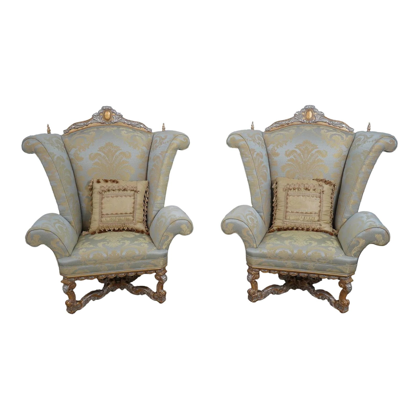 Phyllis Morris Baroque Throne Chairs Pair Antique Gold Silk Upholstery 44w x 31d x 55h: Phyllis Morris Baroque Throne Chairs Pair Antique Gold Silk Upholstery 44w x 31d x 55h This exquisite pair of Phyllis Morris Baroque throne chairs showcases impressive craftsmanship and luxurious desi