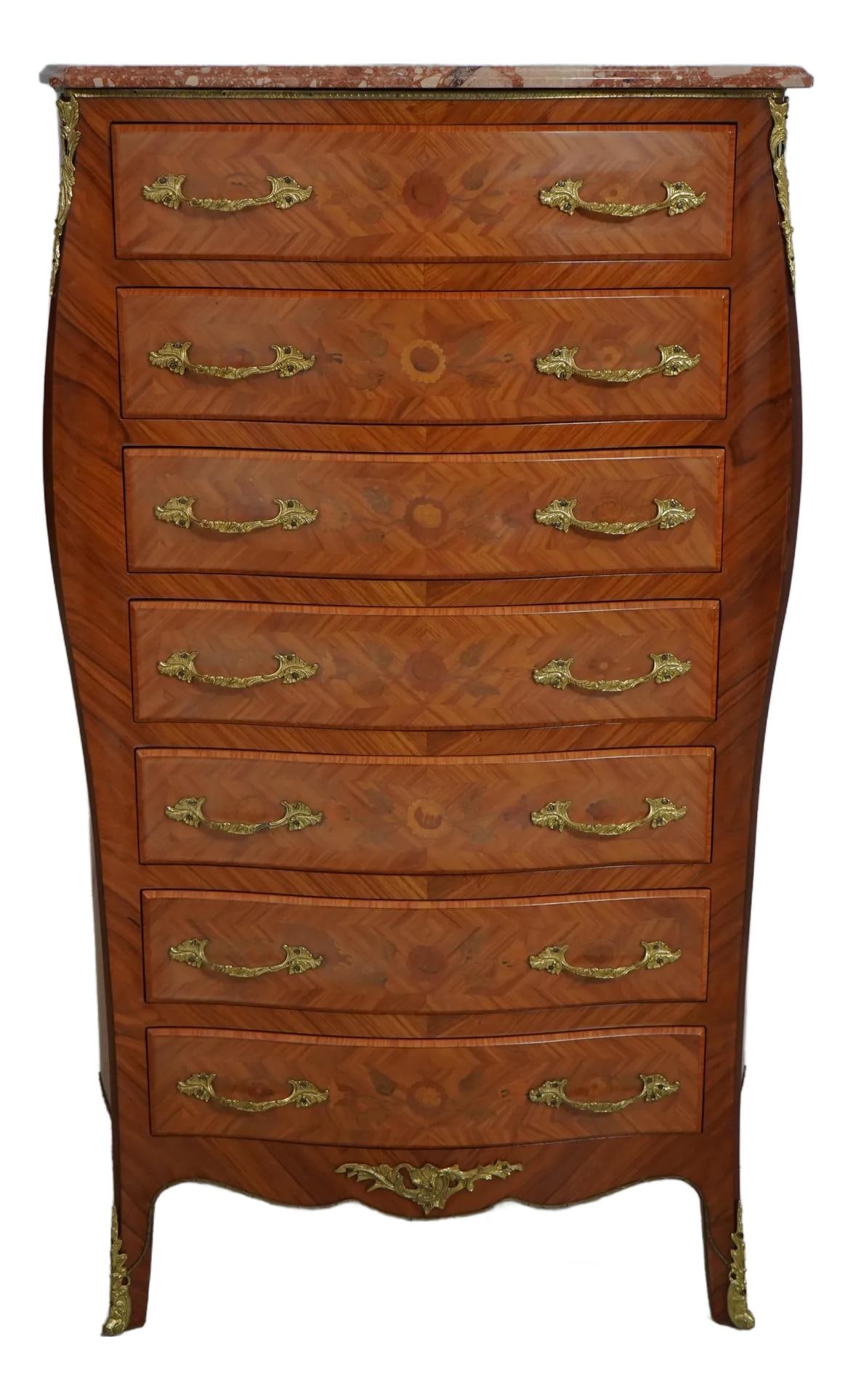 Antique French Louis XV Marble Top Chest of Drawers 32.5w x 17d x 52.5h: Antique French Louis XV Marble Top Chest of Drawers 32.5w x 17d x 52.5h This exquisite French Louis XV Chest of Drawers features a stunning marble top and showcases high-quality dovetailed drawer cons