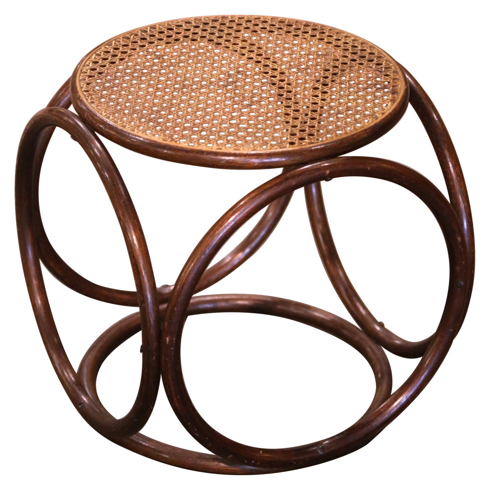Vintage Michael Thonet Bentwood Cane Stool Ottoman France 1930: Vintage Michael Thonet Bentwood Cane Stool Ottoman France 1930 This exquisite early 20th-century stool is attributed to renowned designer Michael Thonet and hails from France, circa 1930. Crafted from