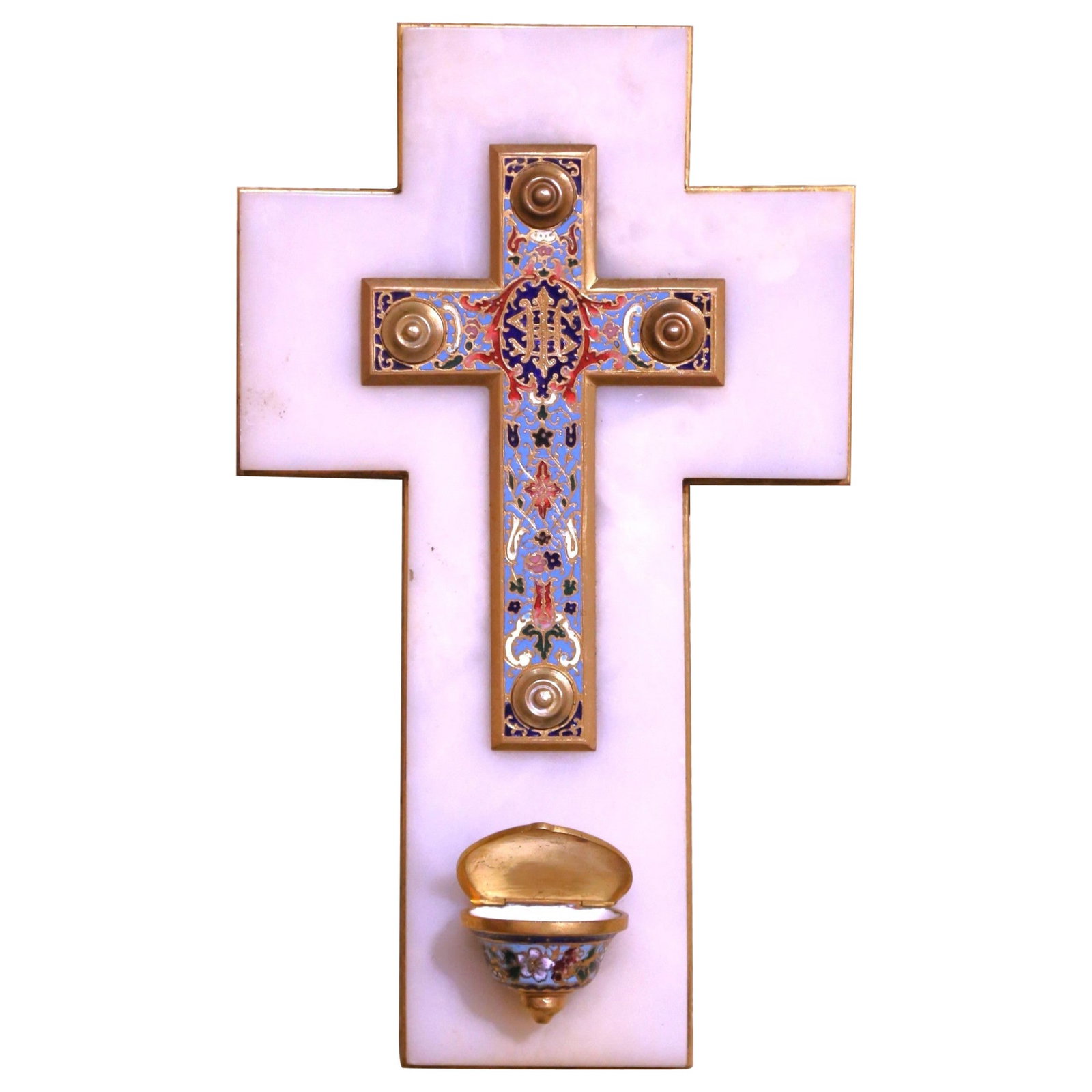 Antique 19th Century French Brass Champleve Cross with Holy Water Font: Antique 19th Century French Brass Champleve Cross with Holy Water Font Enhance your devotional space with this exquisite 19th Century French Brass & Champleve Cross featuring a Holy Water Font. Crafte