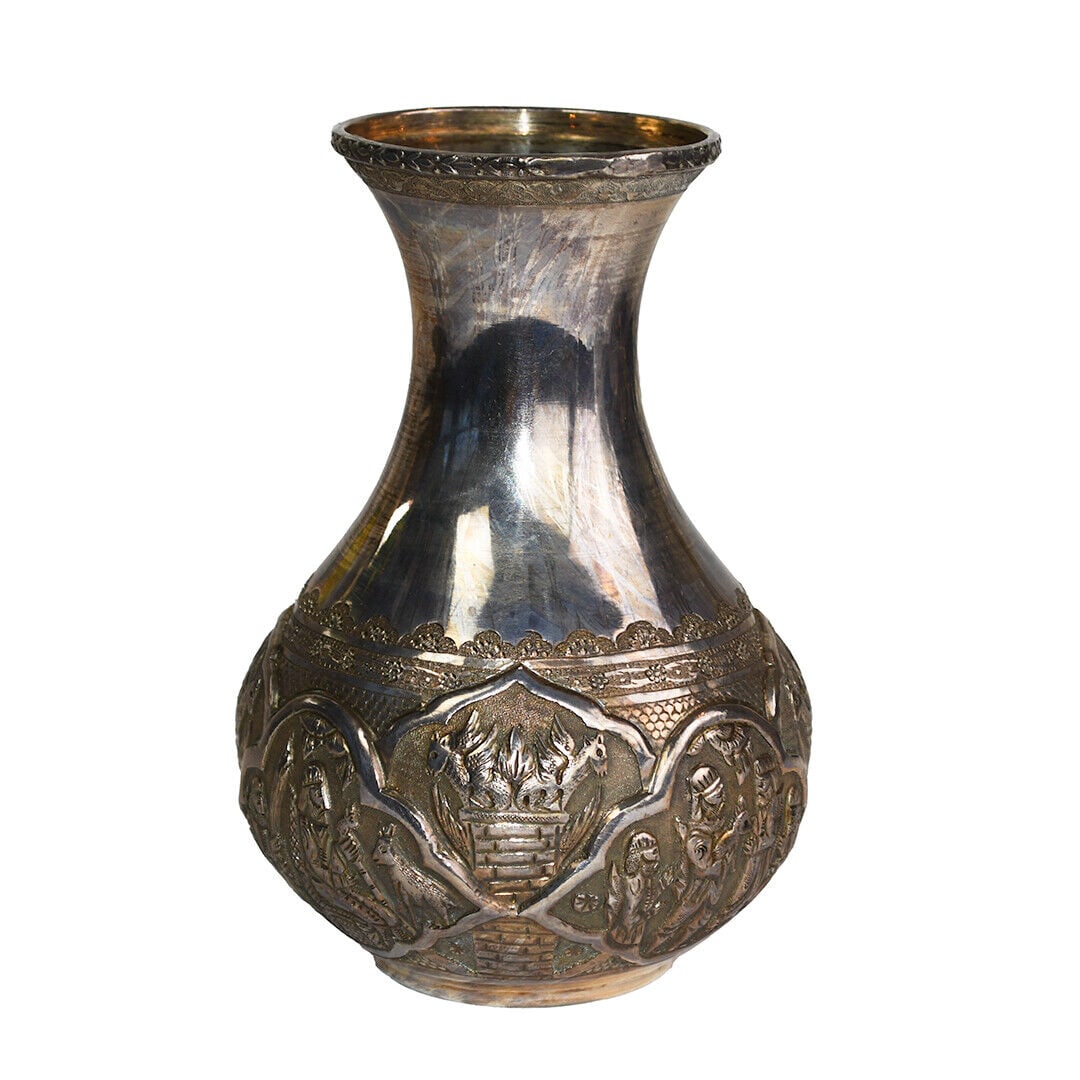 Persian Silver Vase 0.875 13.19 Troy Ounces Marked 84: Persian Silver Vase 0.875 13.19 Troy Ounces Marked 84 This exquisite Persian vase is crafted from silver and showcases a beautiful pattern reminiscent of traditional Persian artistry. The vase stands 