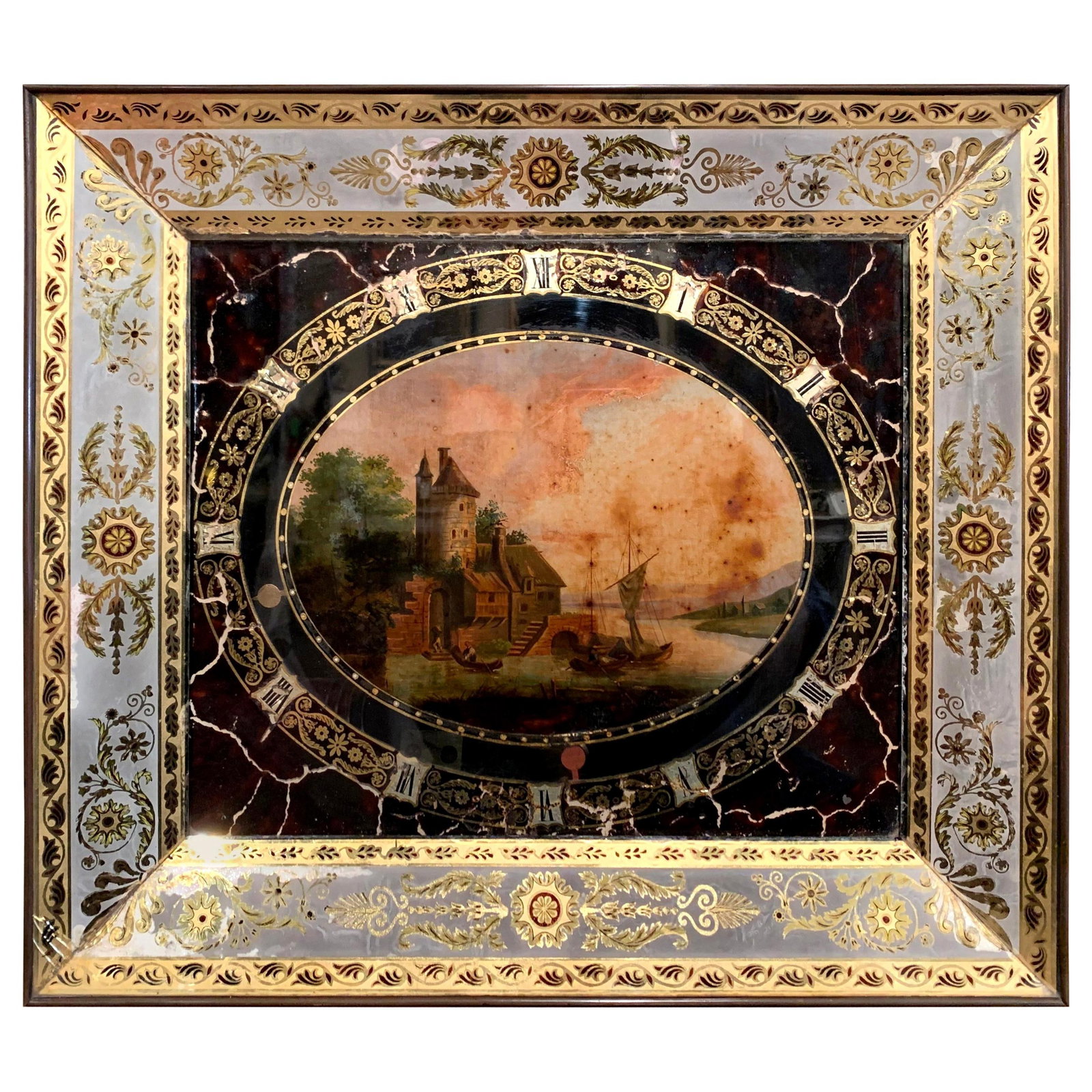 19th Century French Napoleon III Eglomise Wall Clock Hand Painted: 19th Century French Napoleon III Eglomise Wall Clock Hand Painted This exquisite 19th Century French Napoleon III wall clock showcases a hand-painted pastoral scene featuring a boat and village, creat