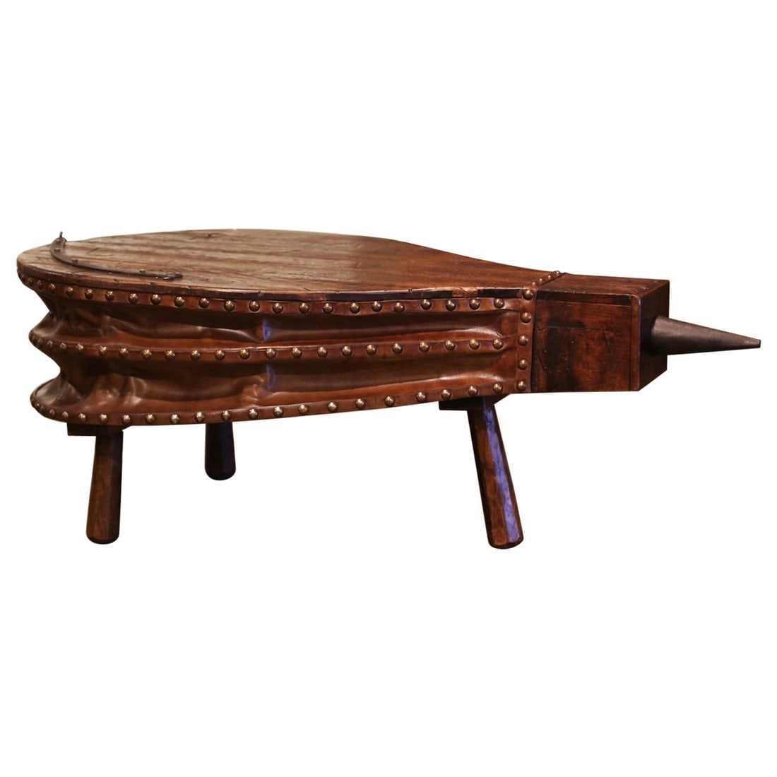 19th Century French Rustic Oak Leather Iron Bellows Coffee Table: 19th Century French Rustic Oak Leather Iron Bellows Coffee Table This unique 19th Century French coffee table is crafted from oak, leather, and wrought iron, combining rustic charm with functional des