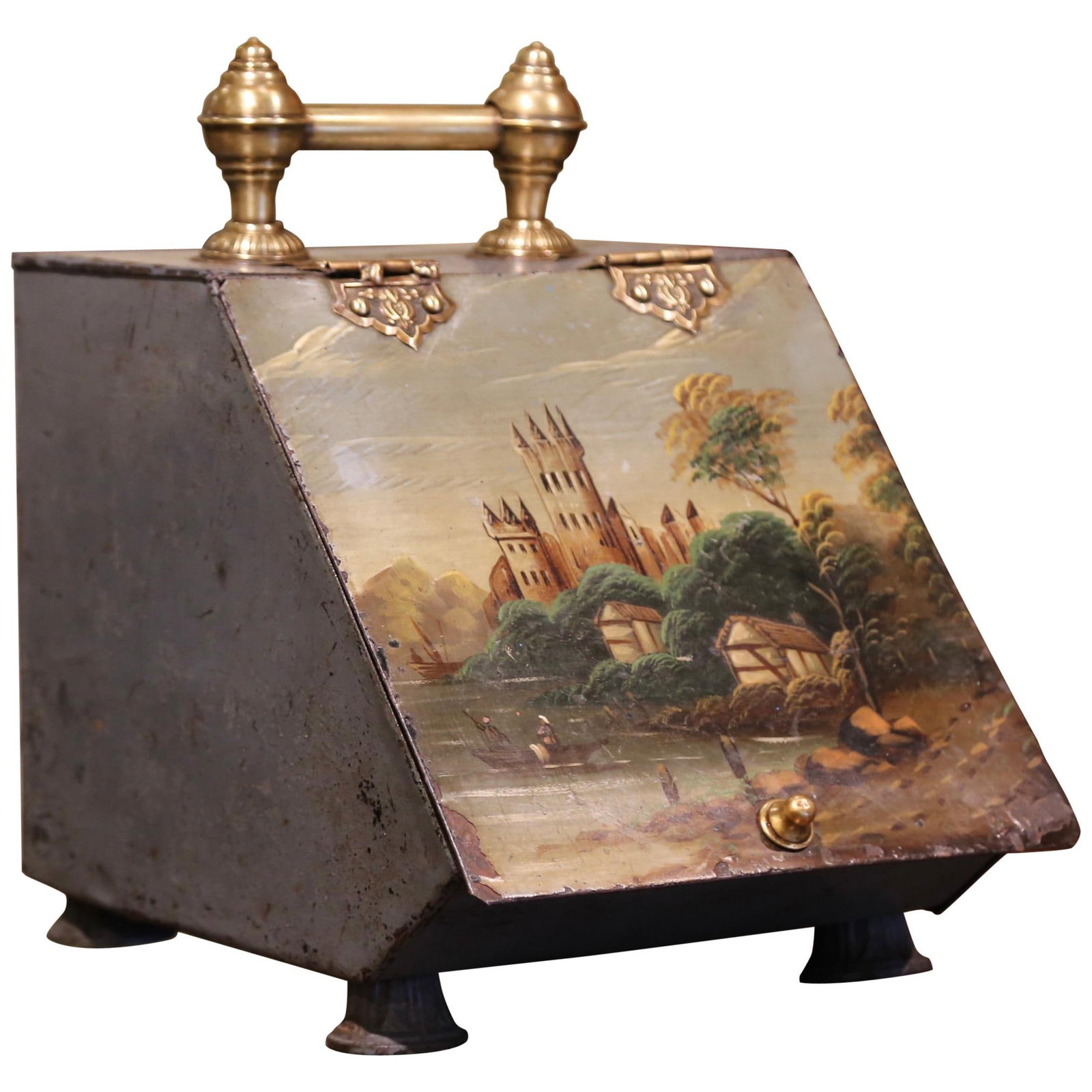 19th Century Hand-Painted English Brass Coal Bucket with Pastoral Scene: 19th Century Hand-Painted English Brass Coal Bucket with Pastoral Scene This exquisite 19th Century English coal bucket, crafted circa 1870, embodies the artistry of its time. Made from metal with a b