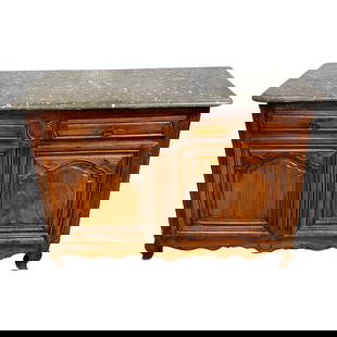 18th Century French Provincial Buffet with Black Shell Marble Top: 18th Century French Provincial Buffet with Black Shell Marble Top This exquisite 18th Century French Louis XV/Provincial Buffet features a stunning black shell marble top, making it a significant addi