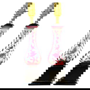 Elegant Pair of Chinese Peking Glass Vases Converted to Lamps: Elegant Pair of Chinese Peking Glass Vases Converted to Lamps This exquisite pair of Chinese red and white Peking glass vases has been elegantly converted into functional lamps, merging traditional ar