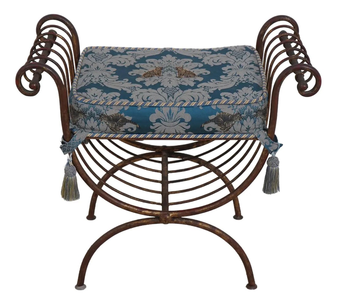 Italian Gold Finish Iron Scrolled Bench with Blue Damask Seat: Italian Gold Finish Iron Scrolled Bench with Blue Damask Seat Elevate your home decor with this exquisite Italian Gold Finish Iron Scrolled Window Bench. Featuring a heavy scrolled iron frame, this be