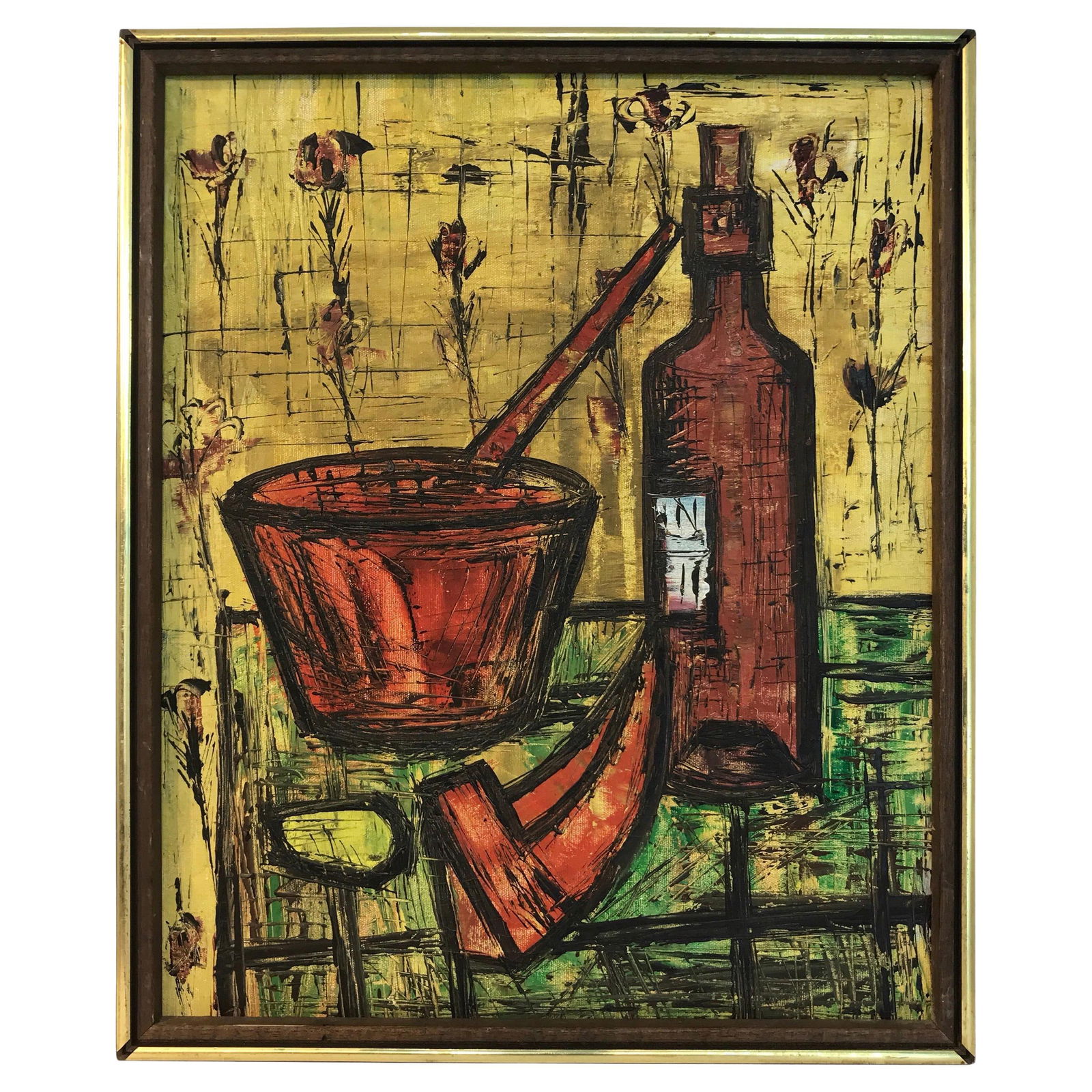 Mid-Century Modern Still Life Oil Painting in Style of Bernard Buffet: Mid-Century Modern Still Life Oil Painting in Style of Bernard Buffet This stunning still life painting showcases the artistic style reminiscent of Bernard Buffet, capturing the essence of Mid-Century