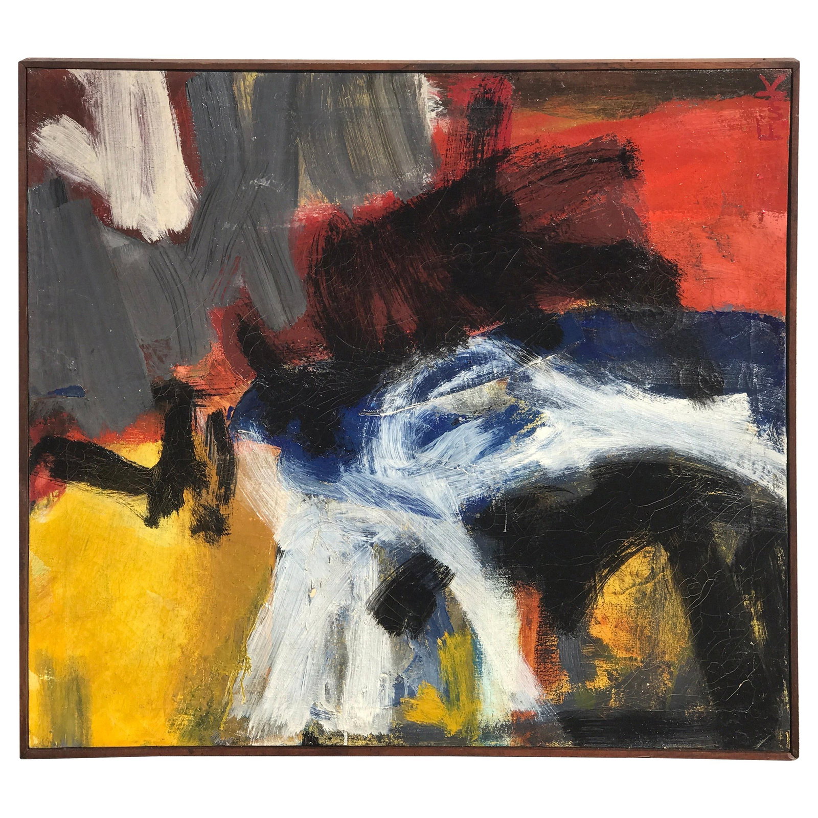 Vintage 1961 Abstract Oil Painting by Linda T Fink: Vintage 1961 Abstract Oil Painting by Linda T Fink This striking vintage modern abstract painting by Linda T Fink, created in 1961, features vibrant colors and an engaging composition. The artwork is 