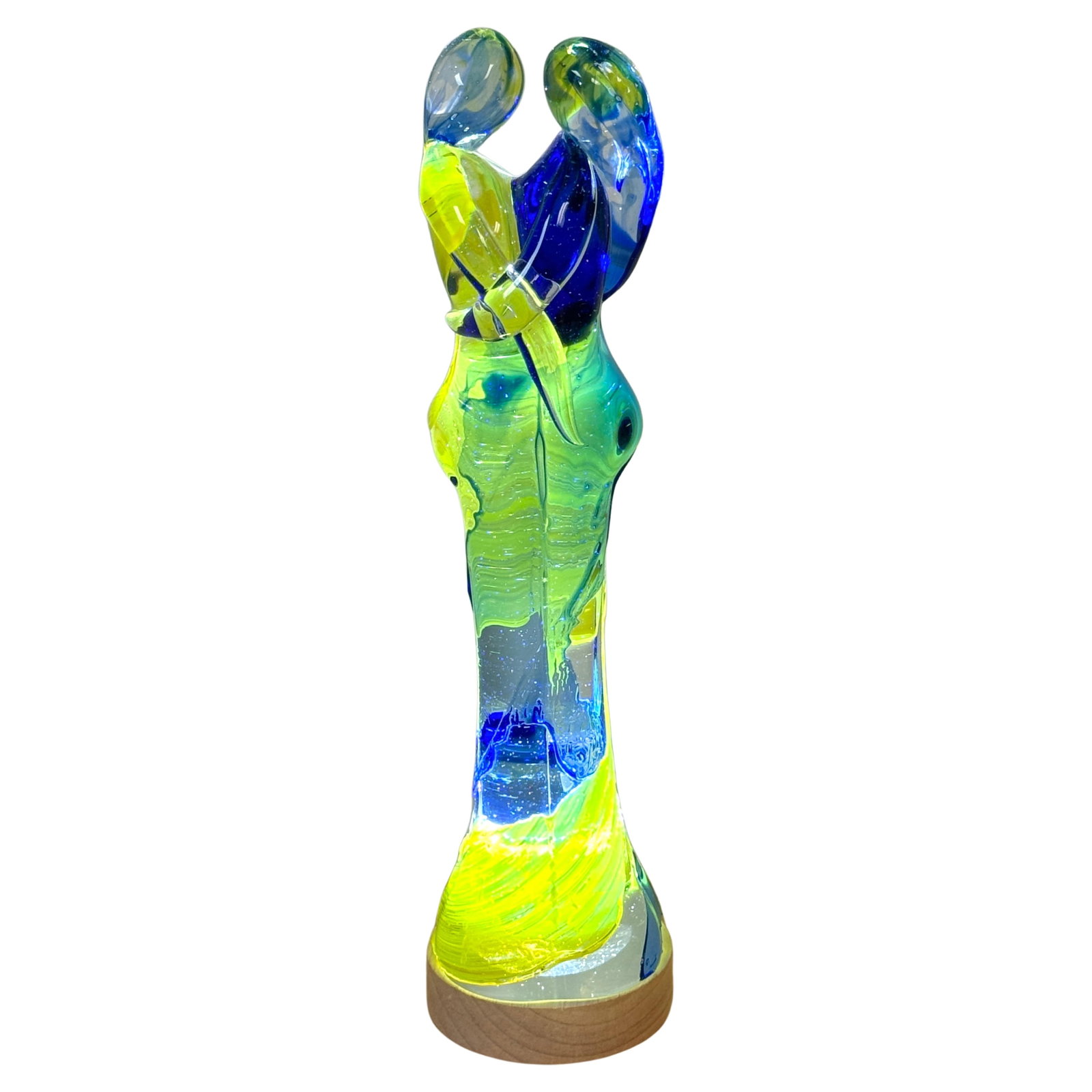 Mario Badioli Murano Glass Embracing Figures Set with Illuminated Pedestal: Mario Badioli Murano Glass Embracing Figures Set with Illuminated Pedestal This exquisite Murano glass sculpture by renowned artist Mario Badioli features unique embracing figures in a vibrant color p