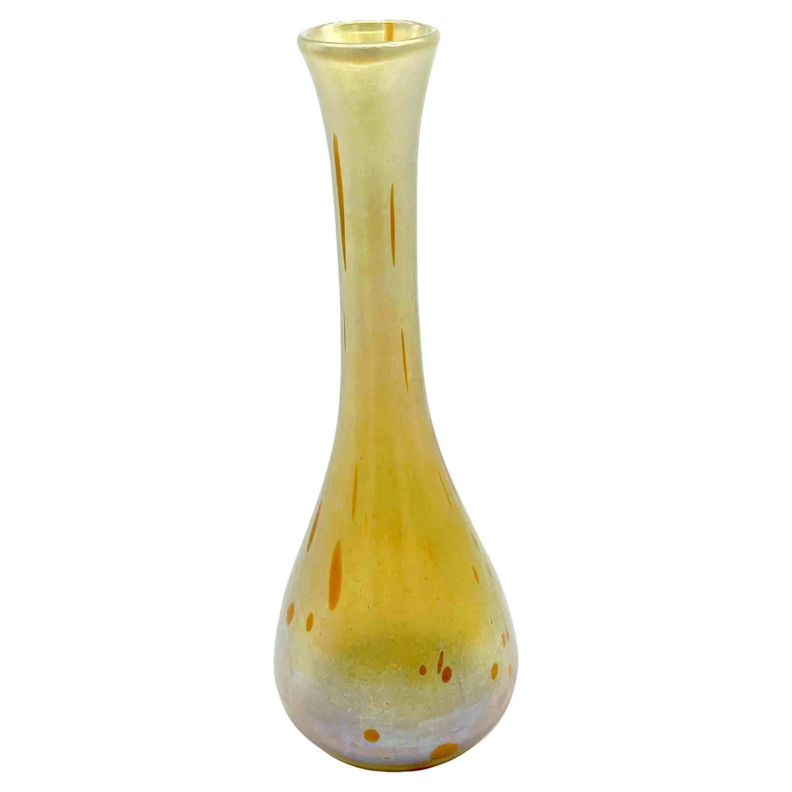 Loetz Austria 18in Art Nouveau Oil Spot Vase Circa 1900s: Loetz Austria 18in Art Nouveau Oil Spot Vase Circa 1900s This exquisite tall, elongated Loetz Austria oil spot-decorated vase showcases the renowned craftsmanship of the esteemed Bohemian glassmaker.