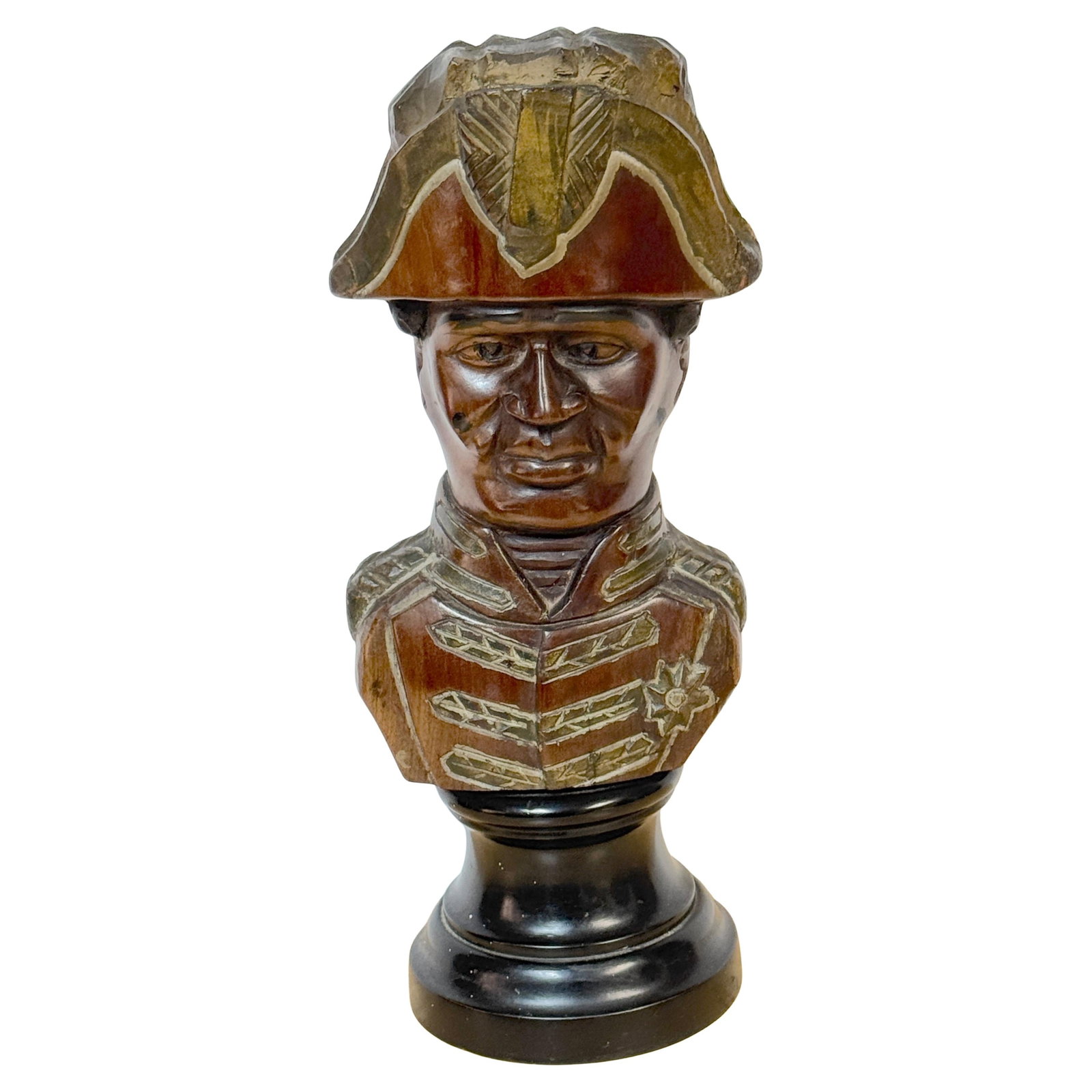 Ulysse Dabouze 19th C Hand-Carved Bust of Henri Christophe Haiti Folk Art: Ulysse Dabouze 19th C Hand-Carved Bust of Henri Christophe Haiti Folk Art This hand-carved bust of Henri Christophe, attributed to Ulysse Dabouze, is a significant piece of 19th-century Haitian art. C