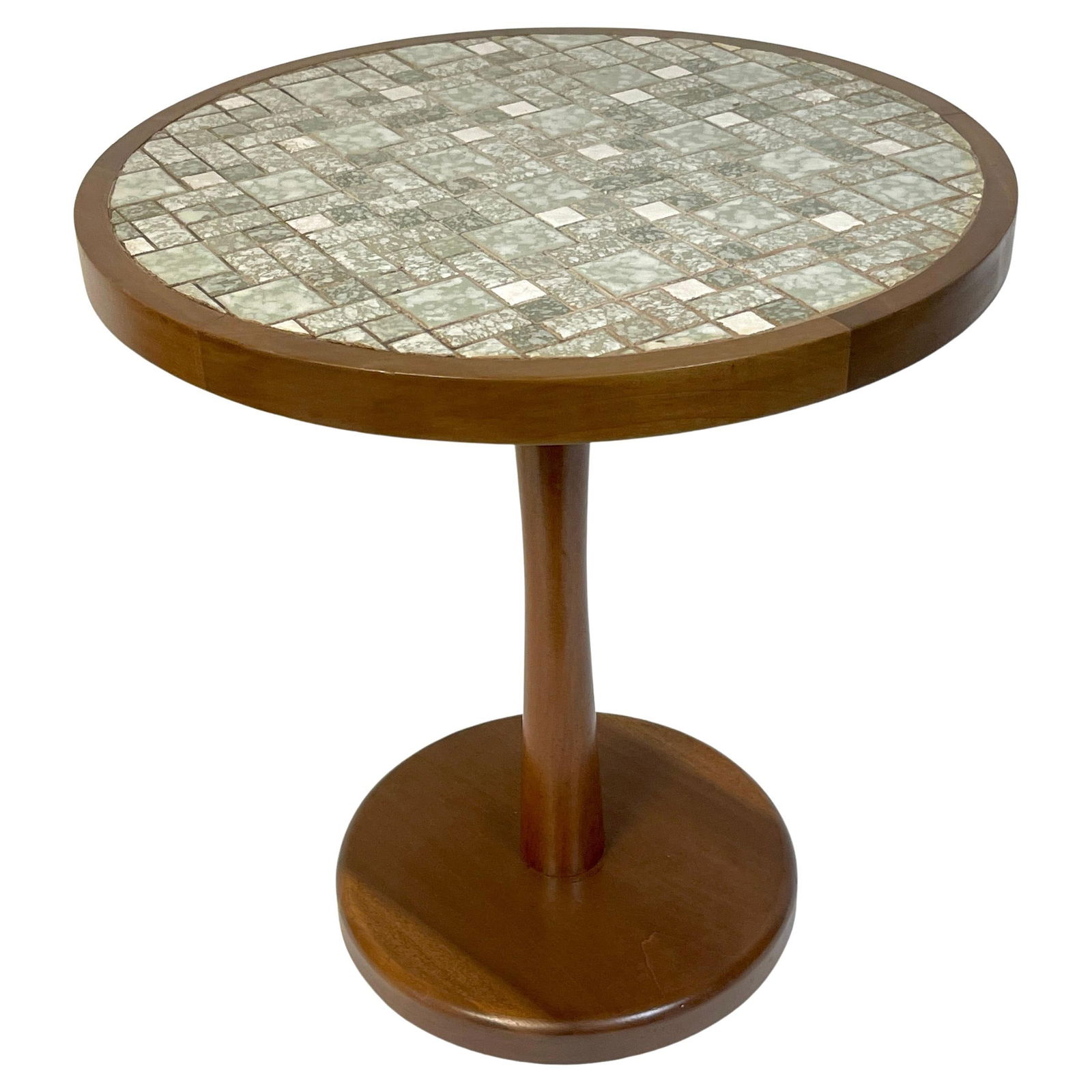 Mid-Century Modern Green White Mosaic Drinks Table by Gordon Jane Martz: Mid-Century Modern Green White Mosaic Drinks Table by Gordon Jane Martz This stunning mid-century modern drinks table, reminiscent of the style of Gordon & Jane Martz, features a beautifully crafted g