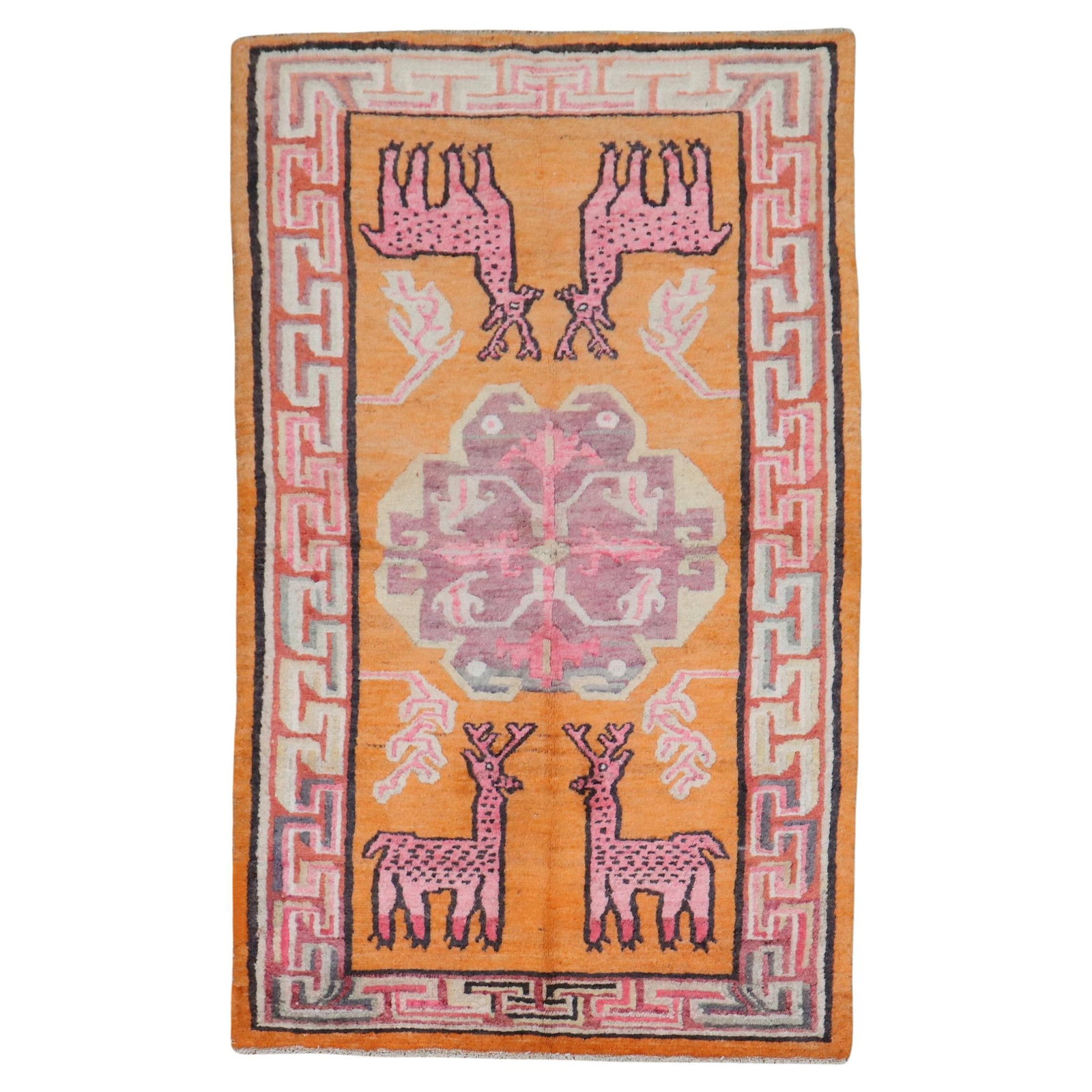 Vintage Tibetan Deer Pictorial Wool Rug 38 x 61 in: Vintage Tibetan Deer Pictorial Wool Rug 38 x 61 in Discover the exquisite Zabihi Collection Deer Tibetan Floral Pictorial Rug, a stunning piece from the early 20th century, circa 1930. This hand-woven