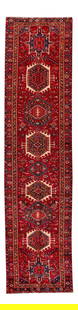 Vintage Heriz Handmade Wool Rug 3'6 x 14'5 Red Geometric Design: Vintage Heriz Handmade Wool Rug 3'6 x 14'5 Red Geometric Design Discover the charm of this beautiful Vintage Heriz Handmade Wool Rug featuring a striking red field adorned with multicolor accents in