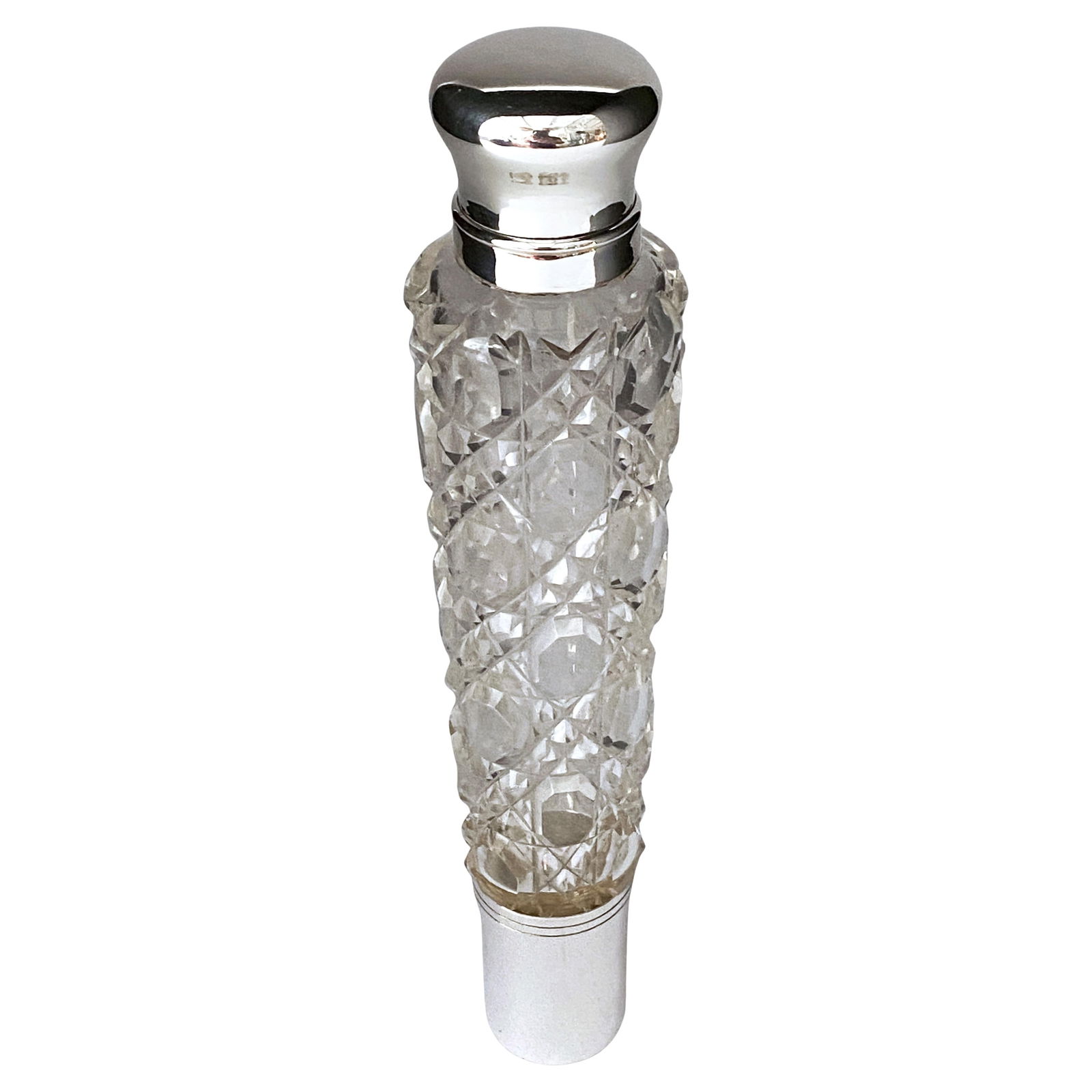 1895 High Victorian English Silverplate Cut Crystal Flask with Hidden Cup: 1895 High Victorian English Silverplate Cut Crystal Flask with Hidden Cup Discover the elegance of this late 19th-century English silver-plated and cut crystal self-contained flask, crafted circa 1895