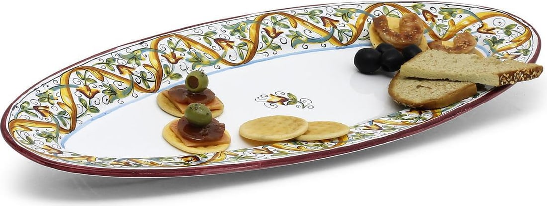 Handmade Deruta Style Ceramic Fish Platter for Serving: Handmade Deruta Style Ceramic Fish Platter for Serving Elevate your dining experience with this exquisite Italian Deruta ceramics fish platter, perfect for serving hors d'oeuvres. This narrow oval pla
