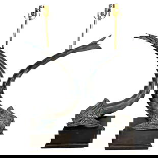 Large Pair of 1960s French Bronze Dolphin Motif Lamps Neoclassical Style: Large Pair of 1960s French Bronze Dolphin Motif Lamps Neoclassical Style Presenting a large pair of French bronze neoclassical stylized dolphin motif lamps, crafted in France circa the 1960s. These re
