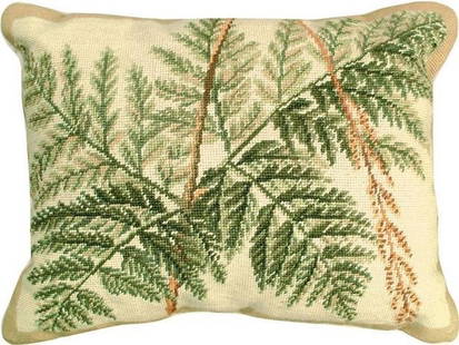 Handmade Wool Fern Throw Pillow: Handmade Wool Fern Throw Pillow This elegant handmade throw pillow features a stunning botanical design showcasing green fern leaves against a beige background. The pillow is crafted from 100% wool