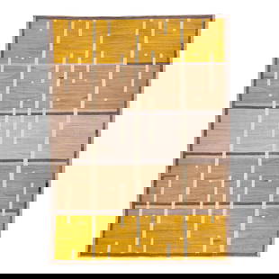 2020s Modern Kilim Wool Rug Brown Yellow Deco 10' x 13'9: 2020s Modern Kilim Wool Rug Brown Yellow Deco 10' x 13'9 Enhance your space with this stunning 2020s Modern Kilim Wool Rug featuring a captivating brown field adorned with yellow and beige accents.