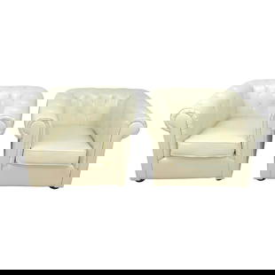 Set of 2 English White Leather Chesterfield Club Chairs: Set of 2 English White Leather Chesterfield Club Chairs This pair of elegant English style white leather Chesterfield club chairs combines luxury and comfort with a timeless design. Each chair measure