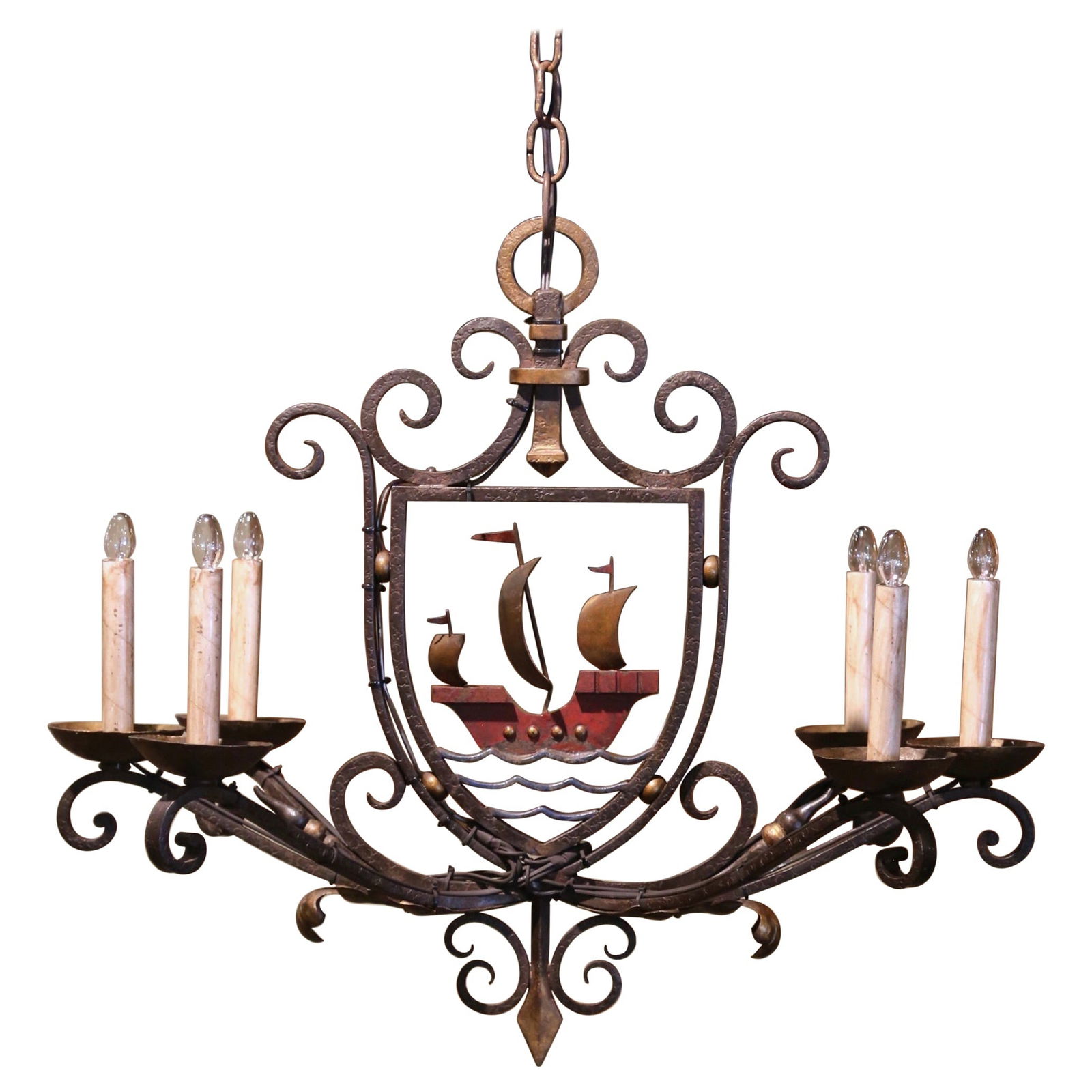French Antique Six-Light Sailboat Chandelier Circa 1920: French Antique Six-Light Sailboat Chandelier Circa 1920 Illuminate your space with this exquisite Early 20th Century French Painted Iron Six-Light Sailboat Chandelier, a stunning piece that combines a