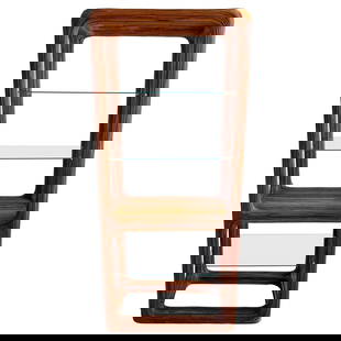 1970s Mid-Century Modern Rattan Glass Etagere Shelving Unit: 1970s Mid-Century Modern Rattan Glass Etagere Shelving Unit This stunning 1970s sculptural etagere showcases a beautiful combination of rattan and glass, epitomizing Mid-Century Modern design. Crafted