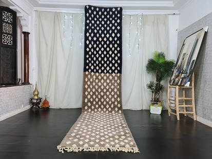 Handmade Moroccan Berber Runner Rug 2 x 13 Feet Wool Brown Blue: Handmade Moroccan Berber Runner Rug 2 x 13 Feet Wool Brown Blue Luxury Soft Handmade Moroccan Berber Runner Rug. contans two main colors. brown and dark blue and beautified with white dots all over th