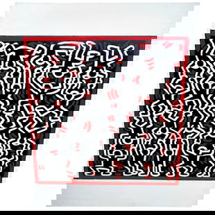 Vintage Hand-Painted Canvas Artwork After Keith Haring 1990s: Vintage Hand-Painted Canvas Artwork After Keith Haring 1990s This captivating artwork, titled 'Untitled, After Keith Haring,' features a striking hand-painted depiction of figures supporting each othe