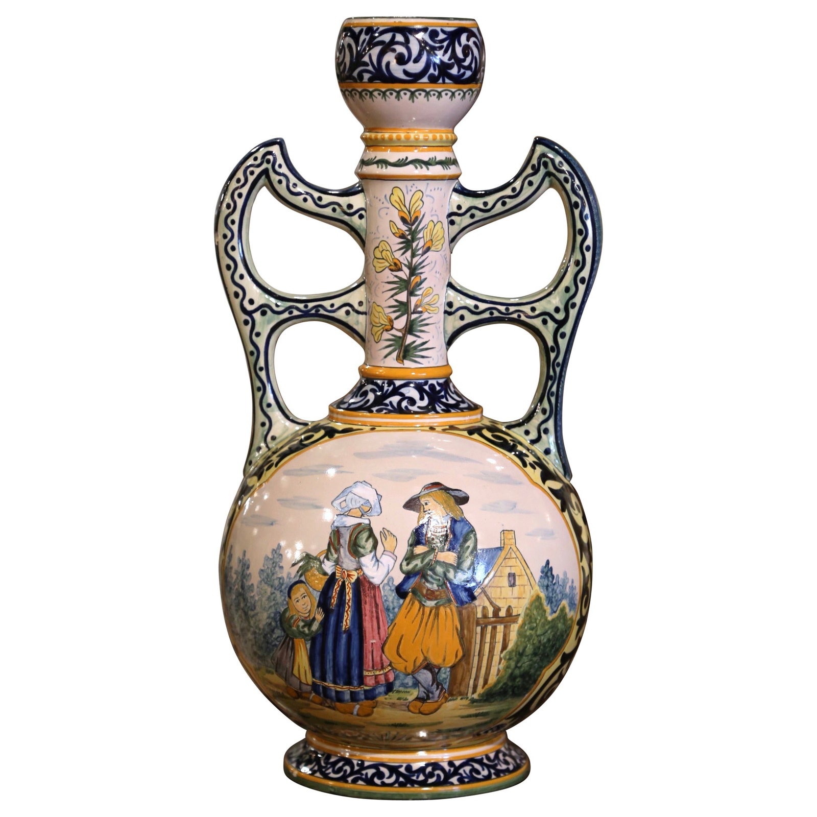 Set of 2 19th Century Henriot Quimper Hand Painted Faience Vases: Set of 2 19th Century Henriot Quimper Hand Painted Faience Vases This exquisite 19th Century French Hand Painted Faience Vase, signed Henriot Quimper, is a stunning decorative piece that would elevate