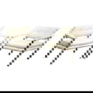 Milo Baughman Style White Leather Lounge Chairs Pair Chrome Frame 17 Inch Seat Height: Milo Baughman Style White Leather Lounge Chairs Pair Chrome Frame 17 Inch Seat Height This stylish pair of lounge chairs features a sleek white leather upholstery complemented by a chrome flat bar fra