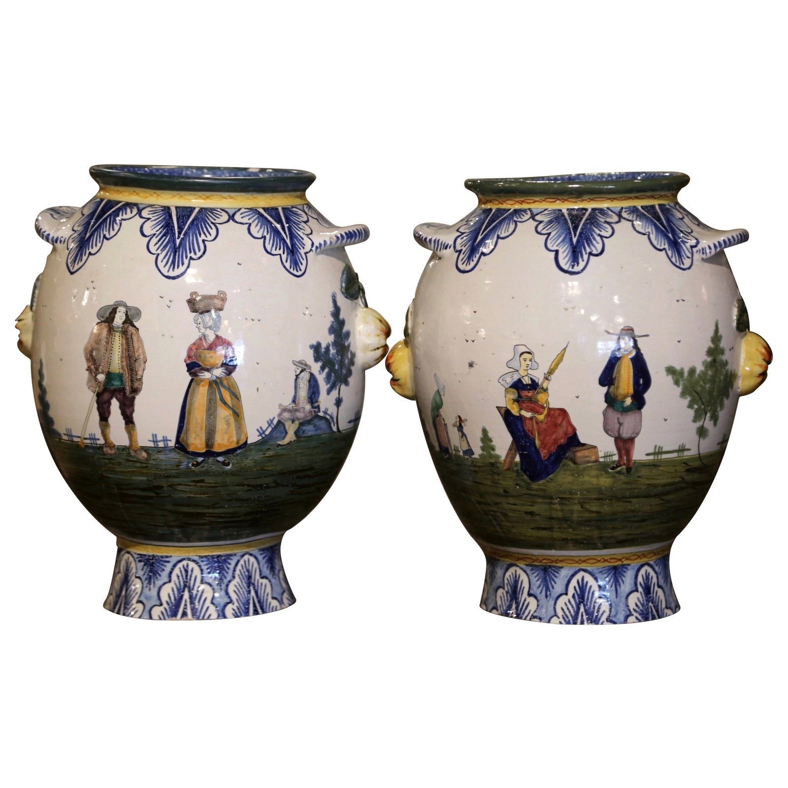 Pair of Signed HB Quimper Hand Painted Faience Vases 12 inches Tall: Pair of Signed HB Quimper Hand Painted Faience Vases 12 inches Tall This exquisite pair of early 20th century French faience vases, hand-painted and signed "HB" for authenticity, showcases the rich tr
