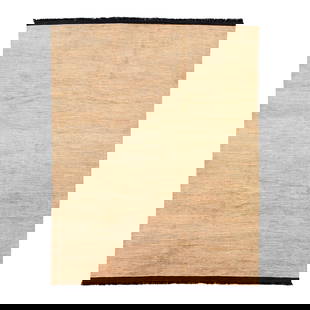 Beige Gabbeh Style Wool Rug with Black Fringes 7'9 x 10'1: Beige Gabbeh Style Wool Rug with Black Fringes 7'9 x 10'1 Enhance your living space with this stunning handcrafted wool rug, expertly designed in the Gabbeh style. It showcases a solid beige backgroun