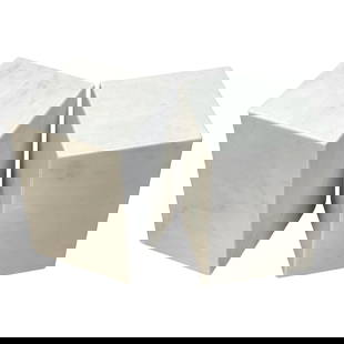 Set of 2 Italian 1980s Carrera Marble Monolith Side Tables: Set of 2 Italian 1980s Carrera Marble Monolith Side Tables Elevate your decor with this stunning pair of Italian Modern Carrera Marble Monolith Side Tables, crafted in Italy during the 1980s. These ex