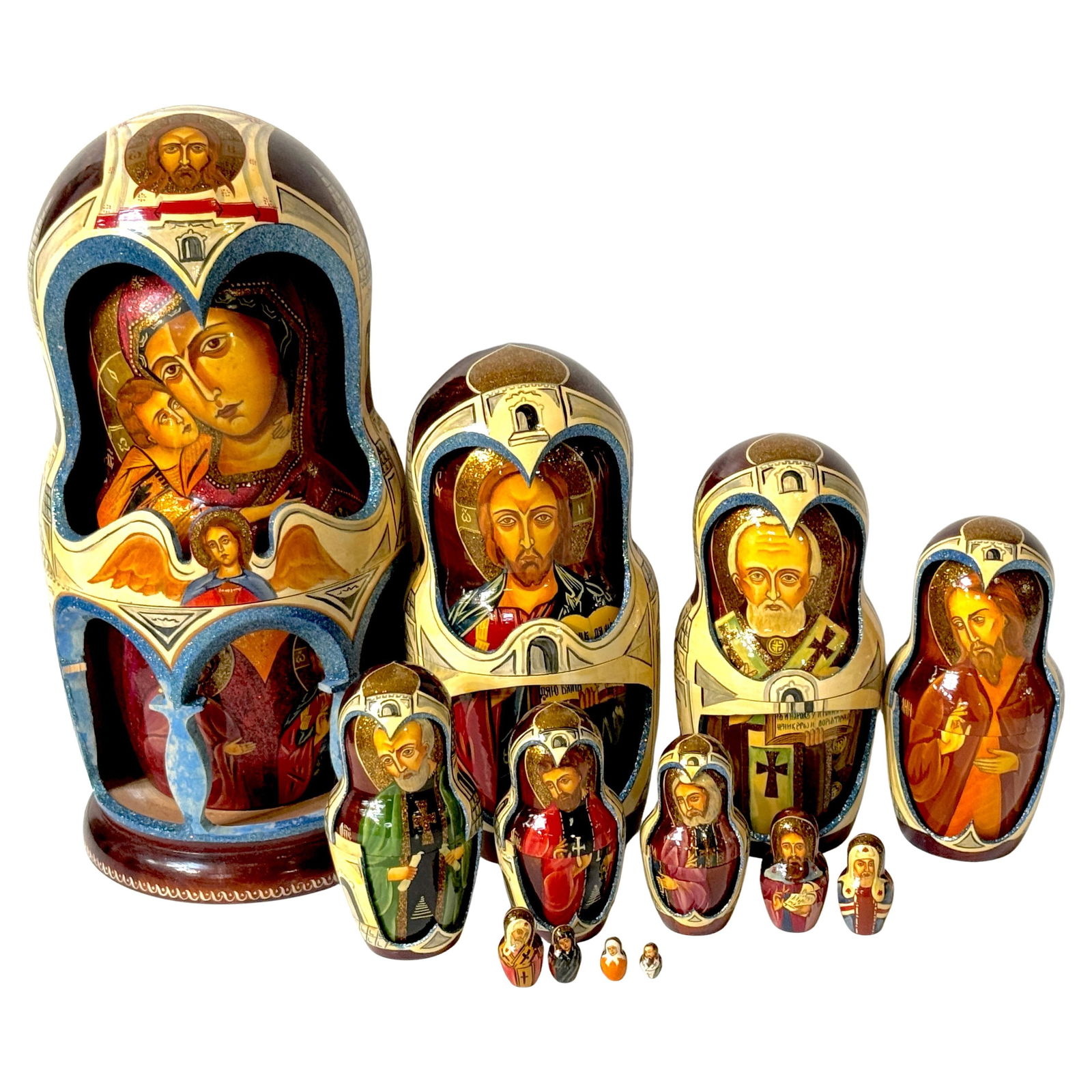 Monumental 40 Piece Matryoshka Set by Novikov L.A. 2000: Monumental 40 Piece Matryoshka Set by Novikov L.A. 2000 Experience the beauty of Russian folk art with this monumental 40-piece Matryoshka (nesting doll) set, hand-painted and signed by artist Novikov