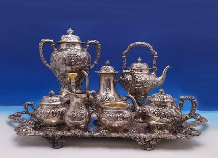 Gorham Modernic Sterling Silver 7pc Tea Set 1905 Hand Wrought Art: Gorham Modernic Sterling Silver 7pc Tea Set 1905 Hand Wrought Art Presenting a stunning seven-piece tea set from the Modernic pattern by Gorham, crafted from high-quality sterling silver (.925) in 190