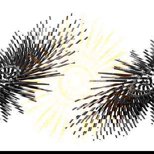 William Bowie Mid-Century Gilt Iron Two-Tier Sunburst Wall Sculpture: William Bowie Mid-Century Gilt Iron Two-Tier Sunburst Wall Sculpture This exquisite Diminutive Gilt Iron Two-Tier Sunburst Wall Sculpture by William Bowie is a stunning piece that embodies Mid-Century
