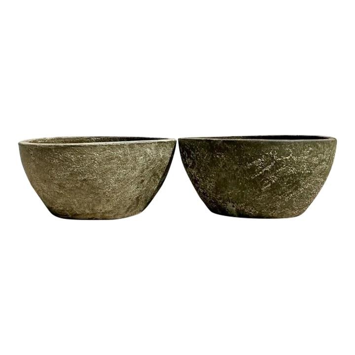 Pair of Vintage Boho Textured Cement Monumental Planters 37x36x17.5: Pair of Vintage Boho Textured Cement Monumental Planters 37x36x17.5 Enhance your living space with this stunning pair of Vintage Boho Textured Cement Monumental Planters. Featuring a beautifully weath