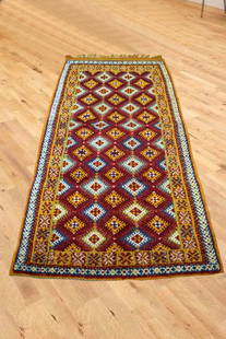 Colorful Handmade Moroccan Taznakht Wool Rug 217 x 100 cm: Colorful Handmade Moroccan Taznakht Wool Rug 217 x 100 cm This stunning handmade Moroccan Taznakht rug features a colorful geometric design, expertly crafted by local artisans. Made from high-quality