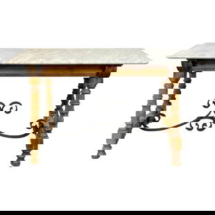 Antique 19th Century French Marble Top Pine Iron Console Table: Antique 19th Century French Marble Top Pine Iron Console Table Discover the charm of the 19th Century Country French Marble Top Bleached Pine & Iron Patisserie Console, a stunning piece that encapsula